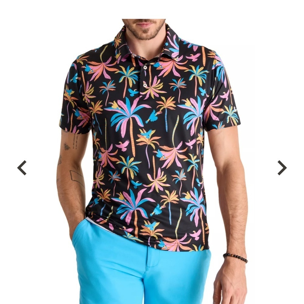 Chubbies Men's Lightweight Performance Palm Tree Black Light Nights Polo Size L